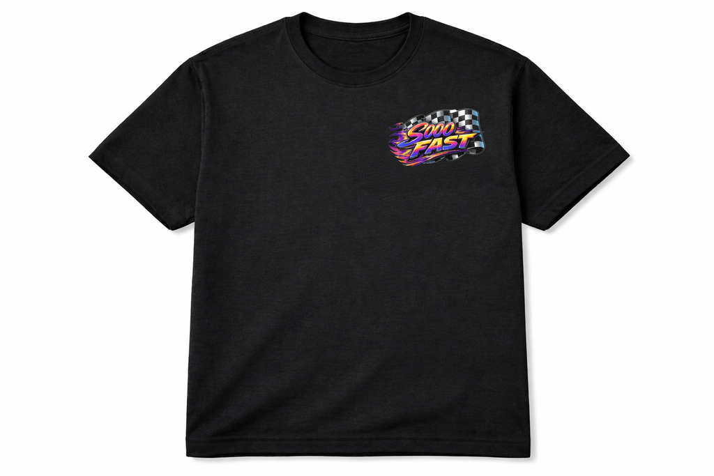 SOOO FAST TEE SHIRT CHECKERED FLAG FLAME ORANGE PURPLE