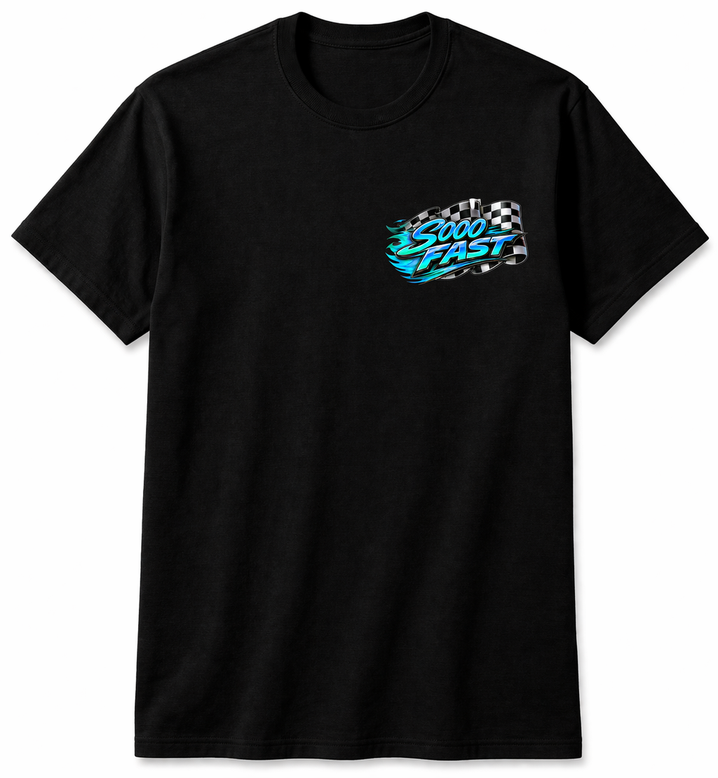 SOOO FAST TEE SHIRT CHECKERED FLAG FLAME TURQUOISE BLUE
