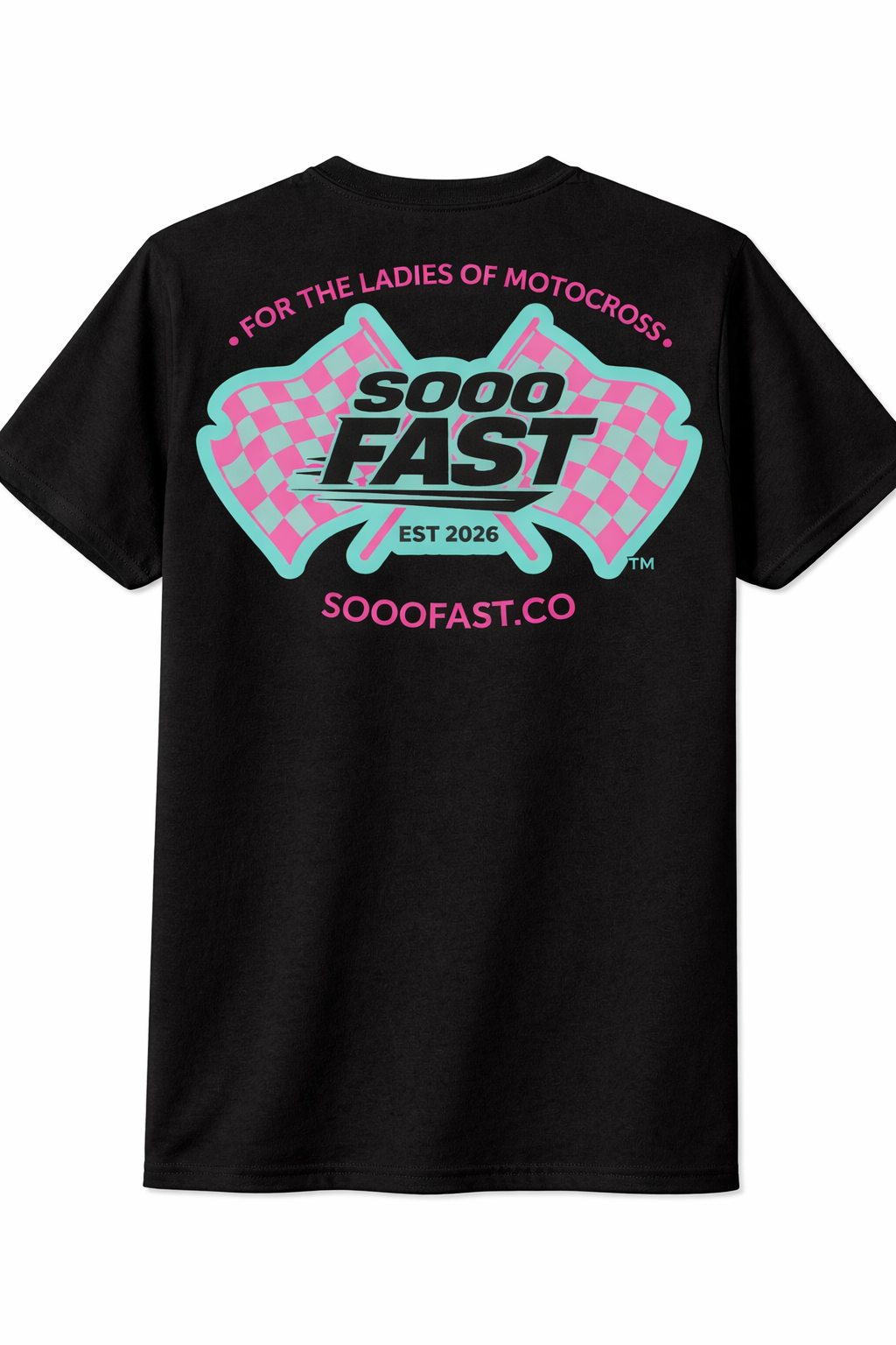 SOOO FAST BOLD CHECKER FLAG TEE SHIRT TEAL PINK