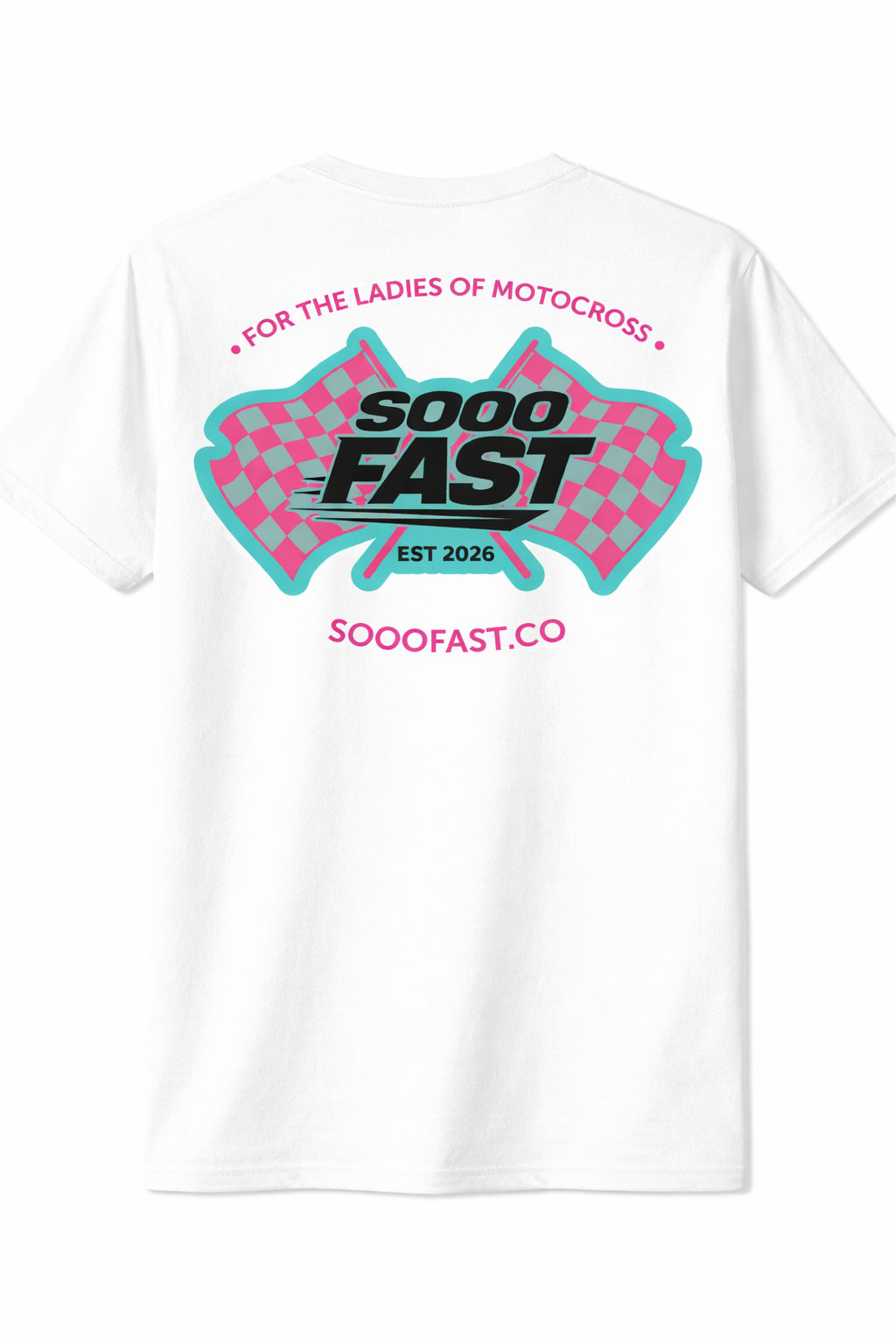 SOOO FAST BOLD CHECKER FLAG ALT LOGO TEE SHIRT TEAL PINK
